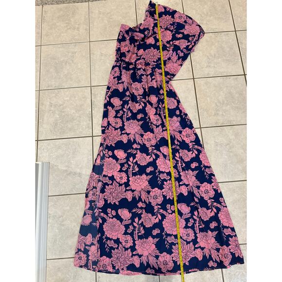 005 Pink Lily Navy Pink Floral One Shoulder Maxi Dress Sz S Summer - Picture 5 of 5